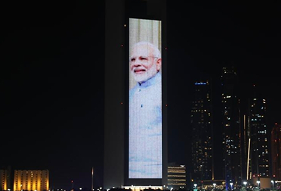 Abu Dhabi skyscraper lights up with Indian tricolour PM Modi image on swearing in ceremony day